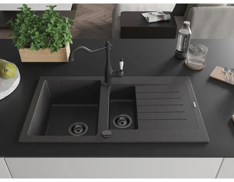 Mexen Matias, granitový drez 900x505x200 mm, 1,5-komorový a drezová batéria Carla, čierna škvrnitá, 6502-76-670700-70-B
