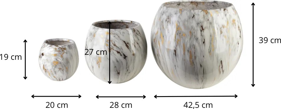 Sada 3 ks keramických květináčů NEVA MARBLE XI černá/bílá