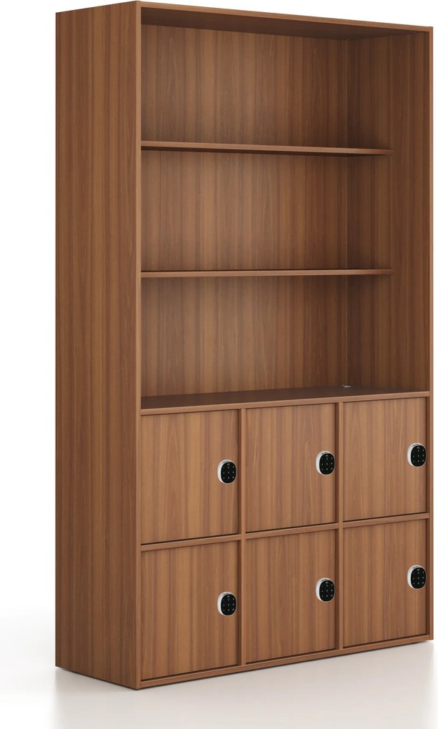 Kancelárska skriňa FRAME, 6x dvere, 2x polica, 1299 x 450 x 2162 mm, kódový zámok, orech