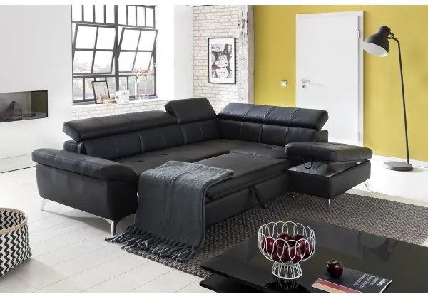 Kožená rohová sedacia súprava SALERNO II pravá čierna, rozkladacia