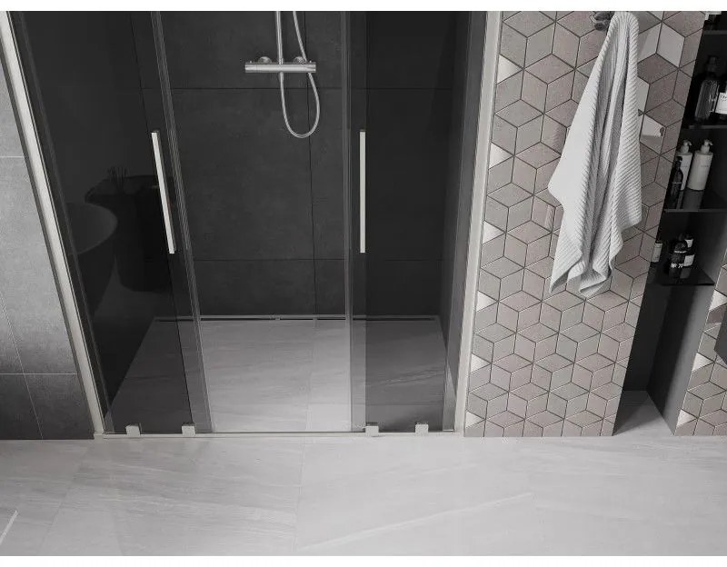 Mexen Velar L Duo, posuvné sprchové dvere do otvoru 140 cm, 8mm šedé sklo, brúsená oceľ, 871-140-003-42-97
