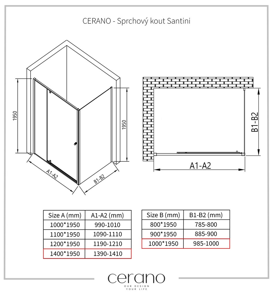 Cerano Santini, sprchovací kút s krídlovými dverami 140(dvere) x 100(stena) x 195 cm, 6mm číre sklo, chrómový profil, CER-CER-426250