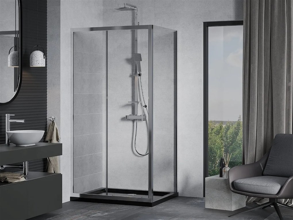 Mexen Apia sprchovací kút s posuvnými dverami 90 (dvere) x 100 (stena) cm, 5mm číre sklo, chrómový profil + čierna sprchová vanička s chrómovým sifónom, 840-090-100-01-00-4070
