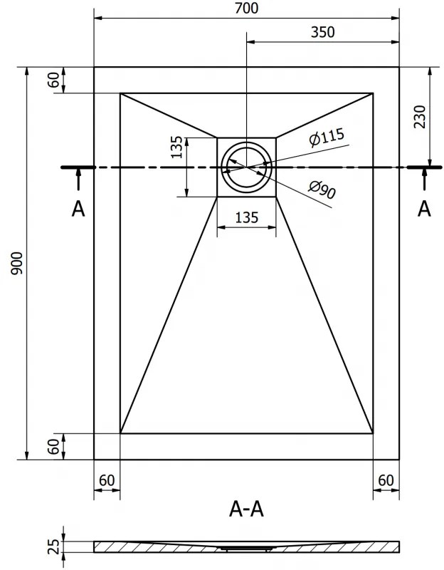 Mexen Stone+, obdĺžniková vanička z minerálneho kompozitu 90 x 70 cm, čierna, čierna krytka, 44707090-B