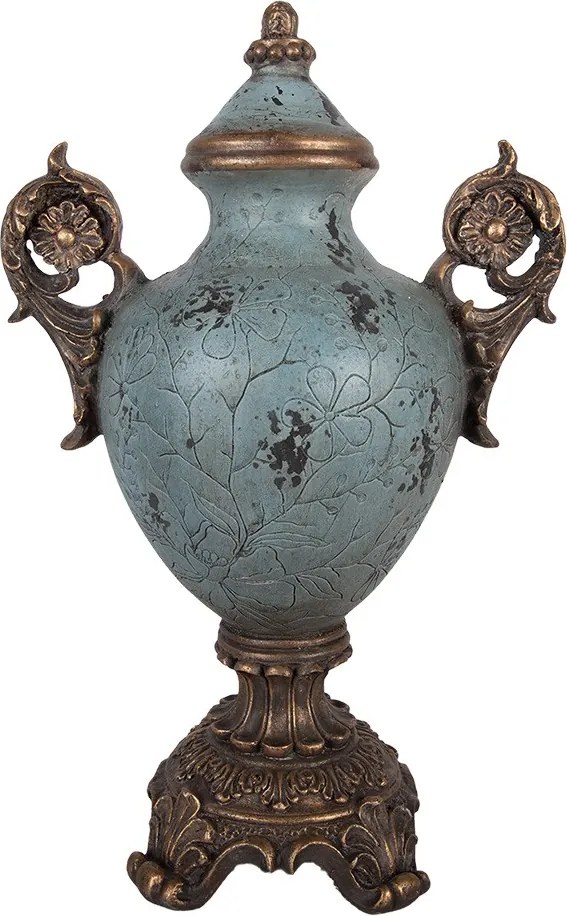 Modrozelená antik dekoratívna amfora s kvetinovým reliéfom – 30*19*46 cm