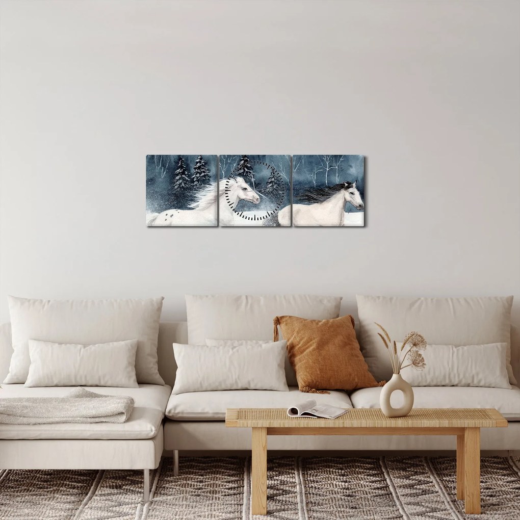 Obraz maľovaných koní (s hodinami) (90x30 cm)