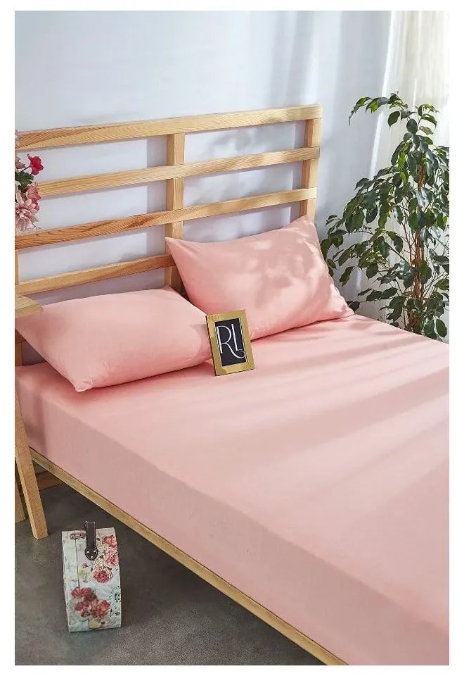 Ružová napínacia bavlnená plachta a obliečka na vankúš v súprave 180x200 cm – Mila Home