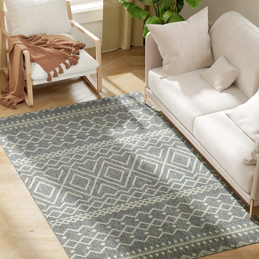 HOMCOM Umývateľný protišmykový koberec s plochým tkaním a boho dizajnom pre terasu, balkón, obývačku a kuchyňu, 170 x 120 cm, Šedý | Aosom