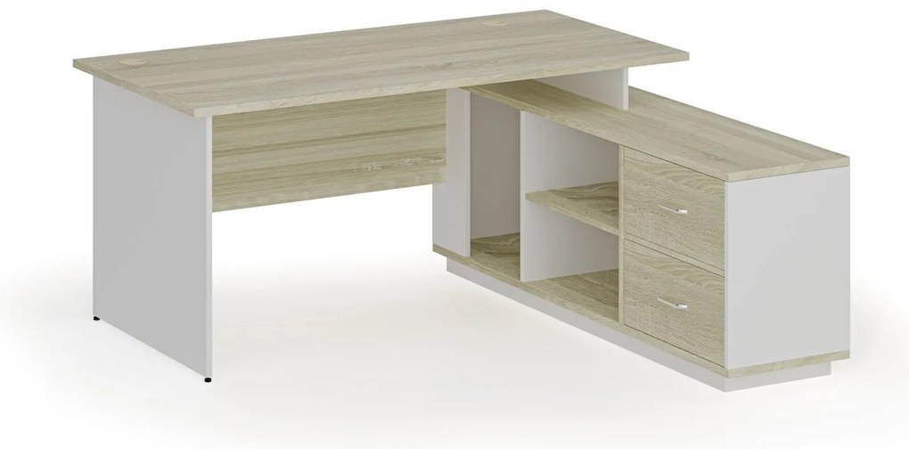 Kancelársky stôl so skrinkou MIRELLI 1600 x 1600 mm, pravý, biely/dub sonoma