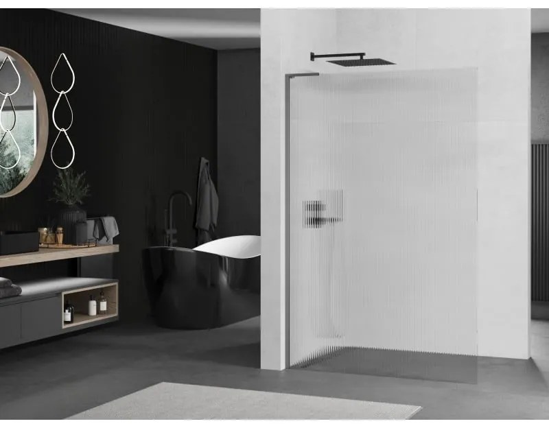 Mexen Kioto L, sprchová zástena Walk-In 110 x 200 cm, 8mm sklo s rebrovým vzorom, grafitový profil, 800-110-103-95-09