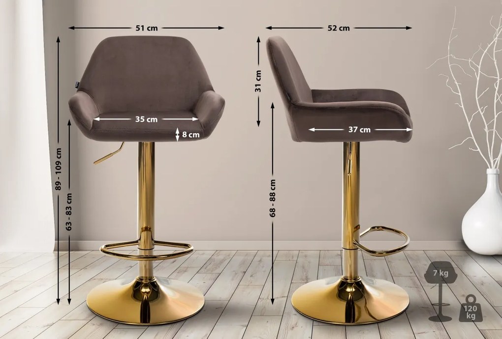 Barová stolička Braga (SET 2 ks) - zamat, zlatá podnož - Hnedá