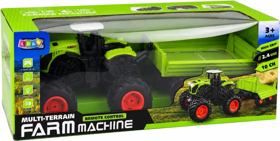 LEAN Toys Vysoký poľnohospodársky traktor s vyklápacím prívesom, diaľkovo ovládaný RC v mierke 1:16