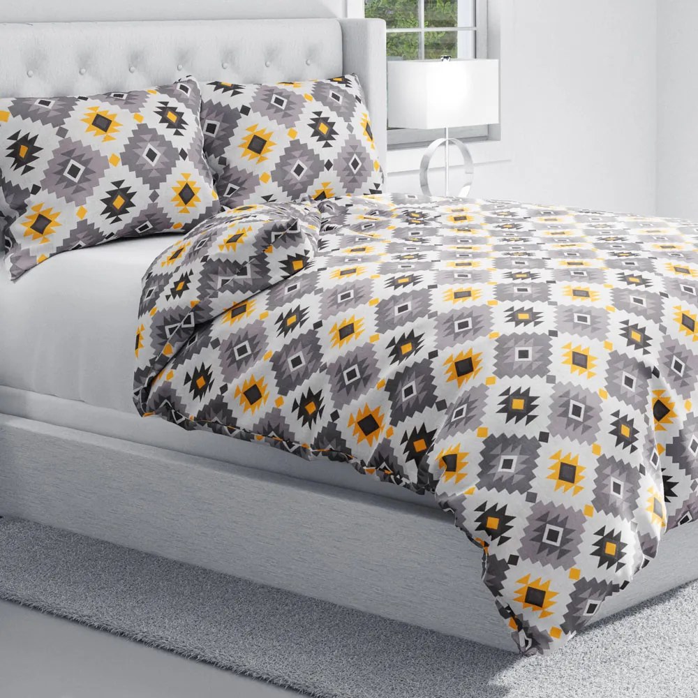 Biante Bavlnené posteľné obliečky Sandra SA-520 Žlto-sivý aztécky vzor Predĺžené 140x220 a 70x90 cm