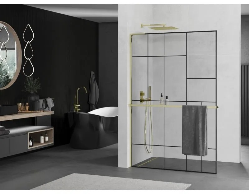 Mexen Kioto+ L, sprchová zástena Walk-In s poličkou a vešiakom 120 x 200 cm, 8mm číre sklo čierny vzor, zlatý lesklý profil,800-120-123-50-78