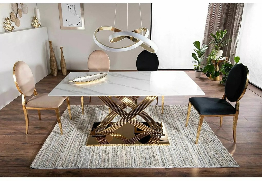 Jedálenský stôl Hermes 160 cm biely mramor/zlatý