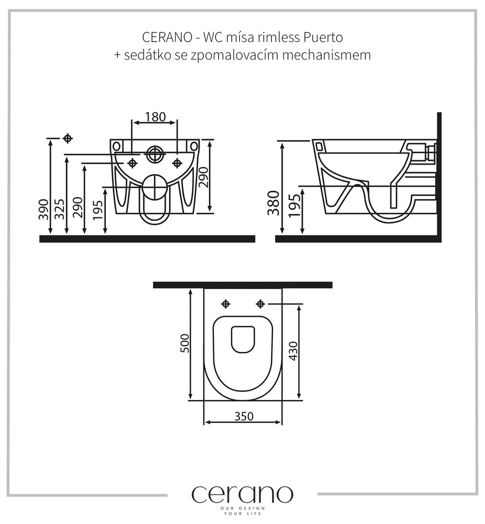 Cerano Puerto, závesná WC misa Rimless 500x350x290 + WC sedátko Sedile s pomalým zatváraním, čierna matná, CER-CER-417854