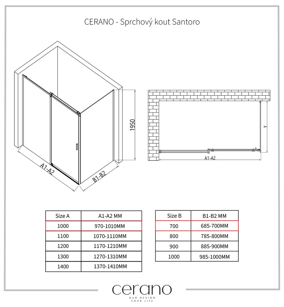 Cerano Santoro, sprchovací kút s posuvnými dverami 100(dvere) x 70(stena) x 195 cm, 6mm číre sklo, chrómový profil, CER-CER-425053