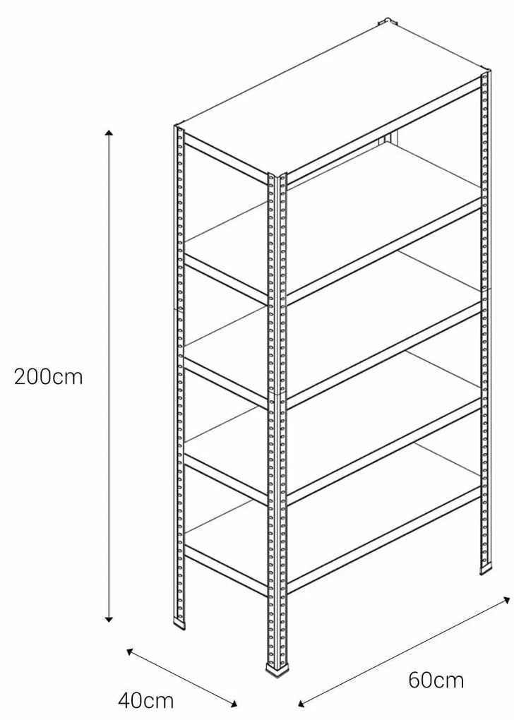 Skrutkový kovový regál 200x60x40cm, 5 políc