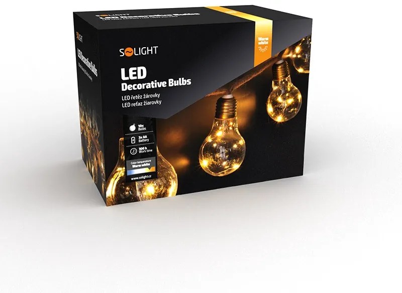 SOLIGHT LED dekoratívne žiarovky na prírodnom povraze, 10x žiarovka, 30LED, 180cm, časovač 3x AA