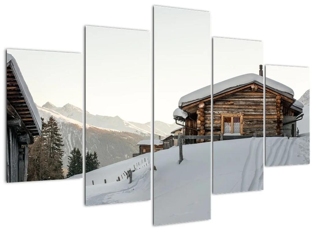 Obraz - horská chata v snehu (150x105 cm)