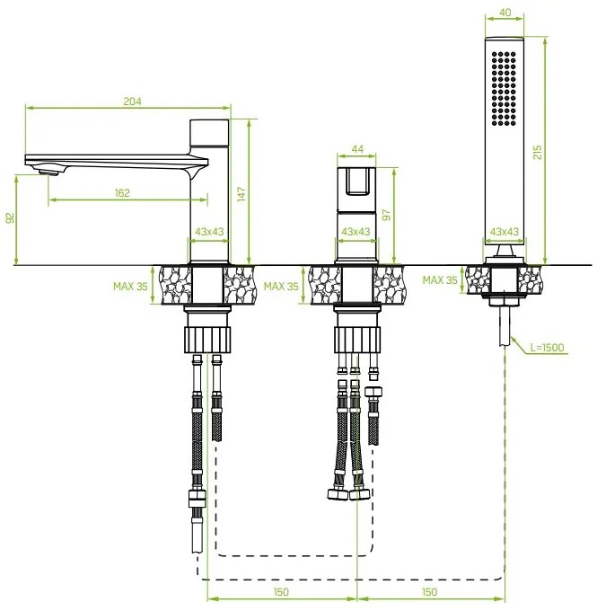 Laveo Tores, 3-otvorová vaňová batéria, chrómová, LAV-BVT_013D