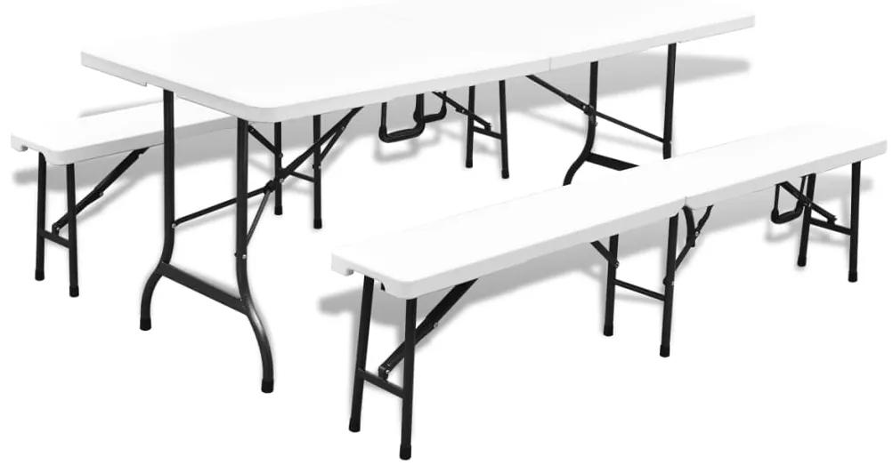 vidaXL Sklápací záhradný stôl a 2 lavičky z HDPE a ocele, 180 cm