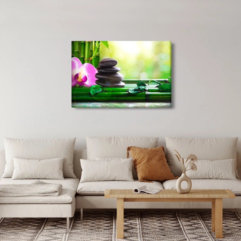 Obraz masážnych kameňov a orchidey na vode (90x60 cm)
