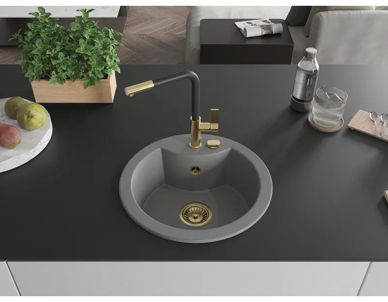 Mexen Diego, 1-komorový granitový drez 488x488x167 mm a drezová batéria Flora, šedá, 6512-71-670401-57-G