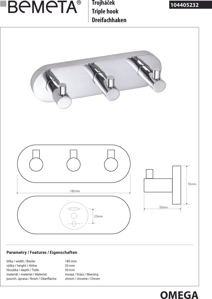 Bemeta Design OMEGA: Vešiak, s 3 háčikmi - 104405232