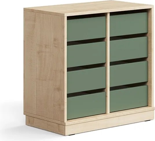 Úložná skrinka CASPER, 8 zásuviek, so soklom, breza/tmavozelená