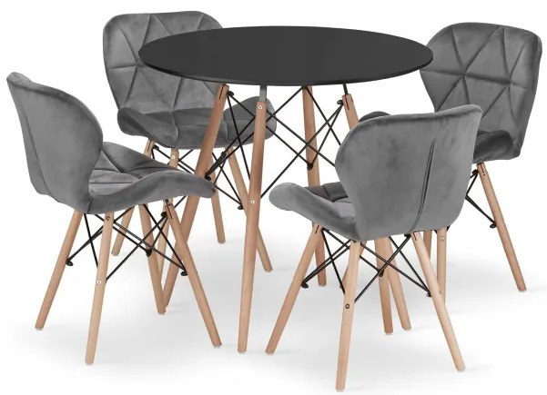 Jedálenský stôl TODI čierny 80 cm so štyrmi stoličkami LAGO zamatové sivé