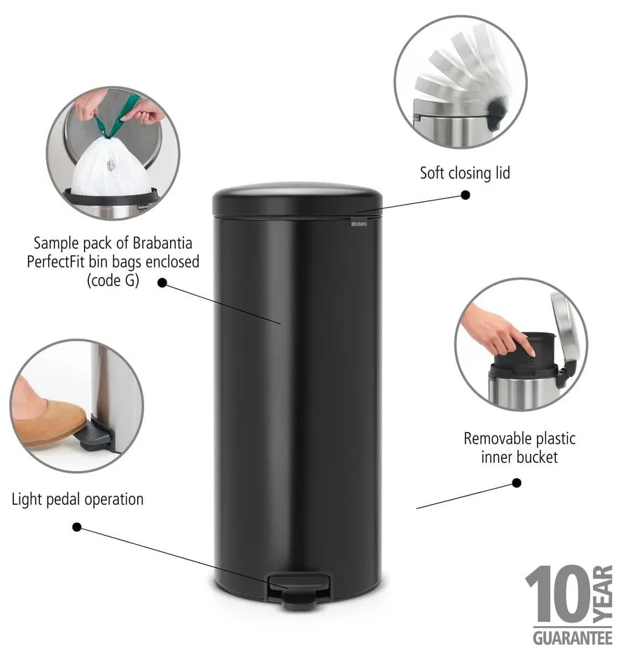 Matne čierny nášľapný oceľový odpadkový kôš 30 l NewIcon – Brabantia