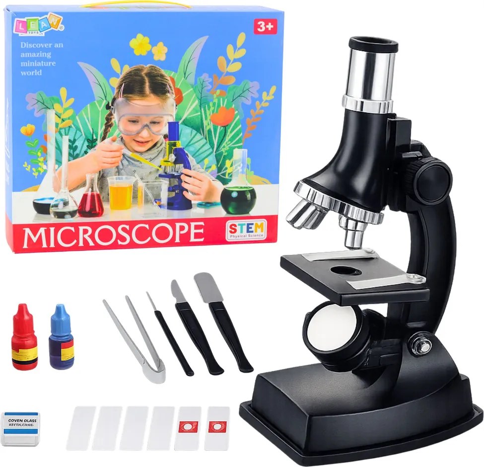 LEAN Toys Vzdelávací mikroskop pre deti s príslušenstvom, zväčšenie 300x