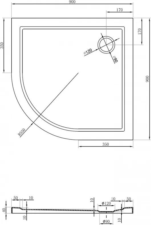 Mexen Flow, štvrťkruhová sprchová vanička slim 90 x 90 cm, čierna matná - 46Q709090