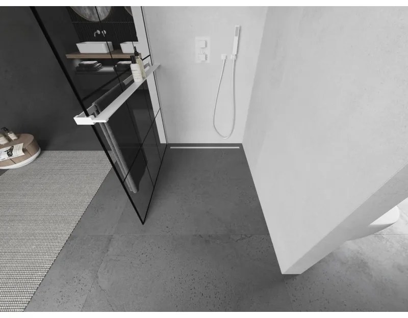 Mexen Kioto+ L, sprchová zástena Walk-In s poličkou a vešiakom 120 x 200 cm, 8mm číre sklo čierny vzor, biely profil, 800-120-123-20-77