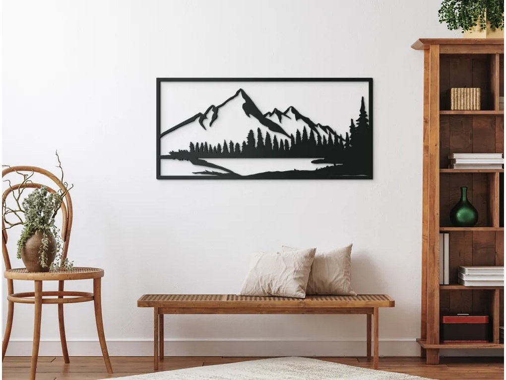 drevko Drevený obraz Vrchy s jazerom Rozmer obrazu: 30,5 x 65 cm, Farba dekorácie: Čierna