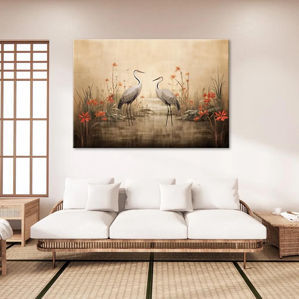 Obraz na plátně, Jeřábi na jezeře - 100x70 cm