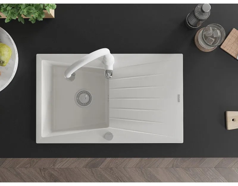 Mexen Cesar, 1-komorový granitový drez 775x470x190 mm a drezová batéria Savita, biela, 6514-20-672601-20