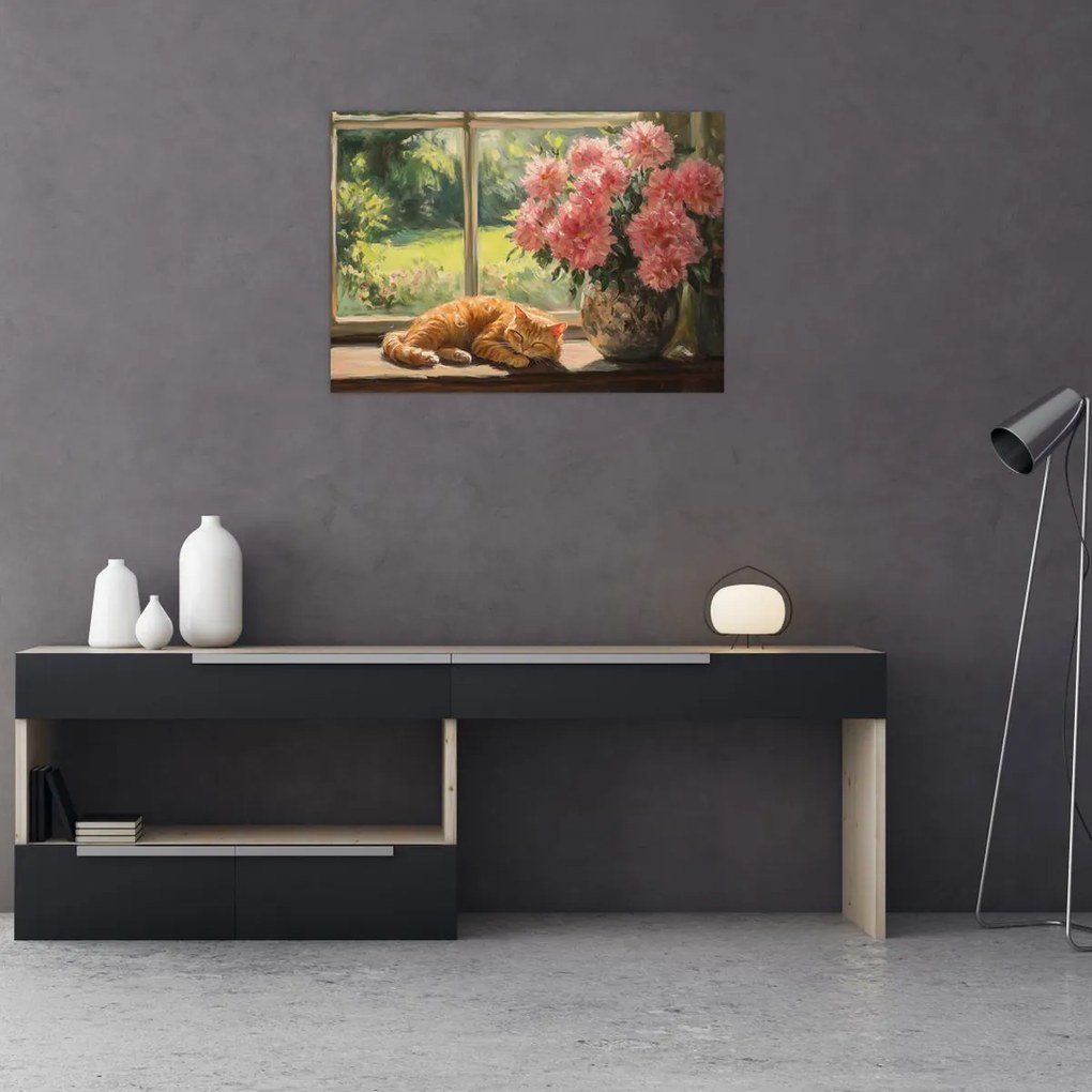 Sklenený obraz - Mačka na okne (70x50 cm)