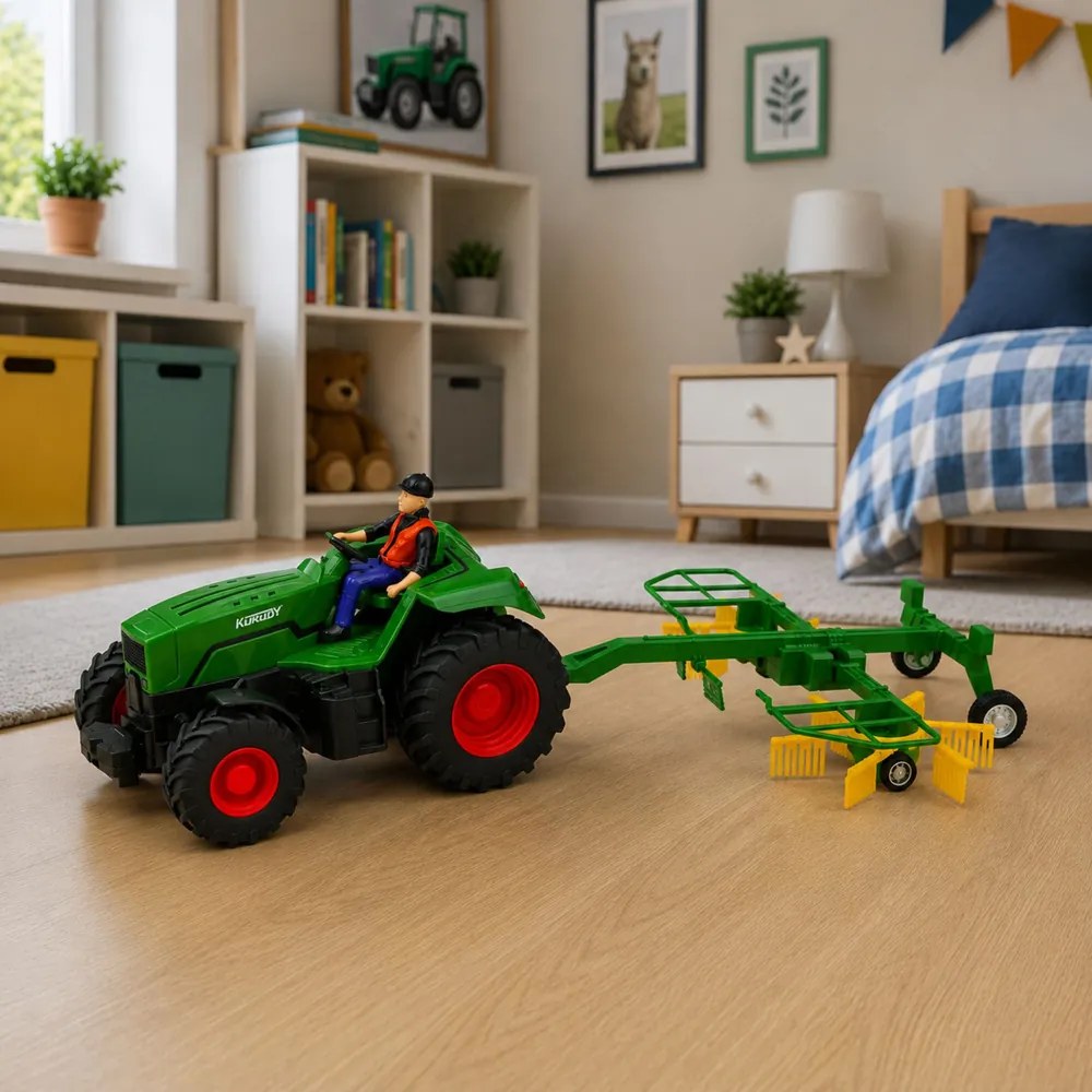 LEAN Toys Poľnohospodársky traktor s hrabacou lištou a farmárom, diaľkovo ovládaný RC, so svetlami, mierka 1:24