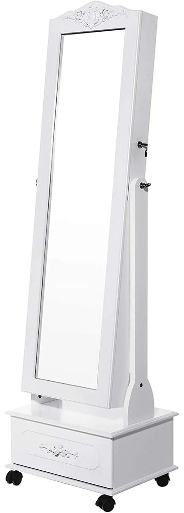 Zrkadlová skrinka na šperky s kolieskami a LED osvetlením, uzamykateľná, biela