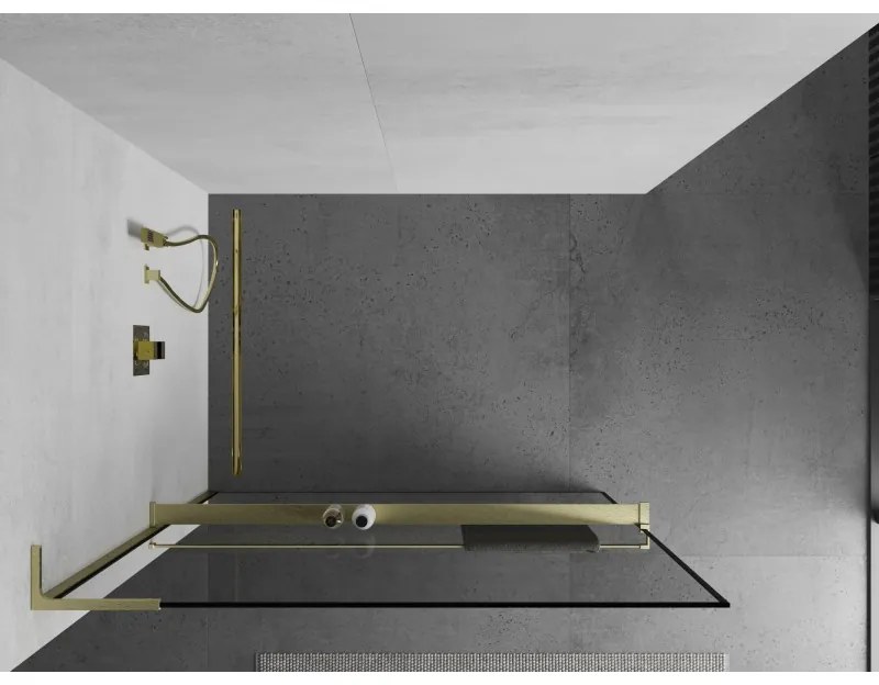 Mexen Kioto+ L, sprchová zástena Walk-In s poličkou a vešiakom 120 x 200 cm, 8mm číre sklo čierny vzor, zlatý matný profil, 800-120-123-55-70