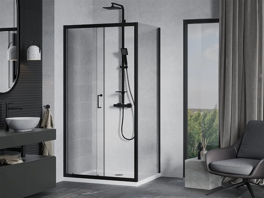 Mexen APIA, sprchový kút s posuvnými dverami 140 (dvere) x 90 (stena) cm, 5mm číre sklo, čierny profil + biela sprchová vanička, 840-140-090-70-00-4010B
