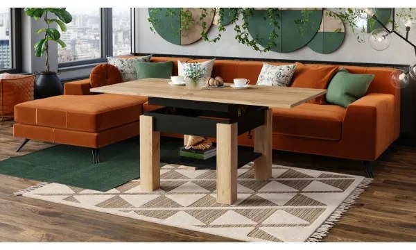 Rozkladací konferenčný/jedálenský stôl so zvíhacou doskou CALEB dub craft/čierna