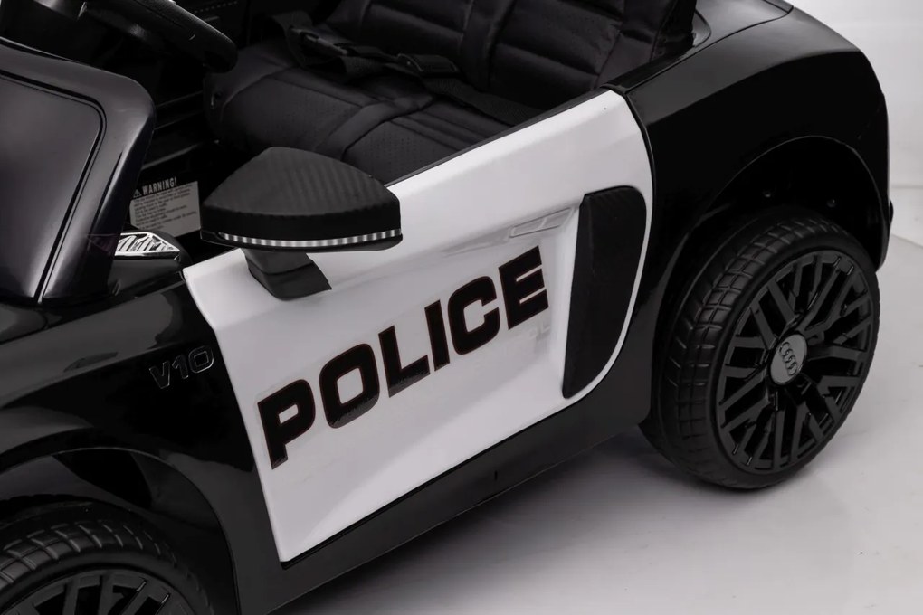 Ramiz Audi R8 Polícia na batérie pre deti + diaľkové ovládanie + EVA + pomalý štart + MP3 LED