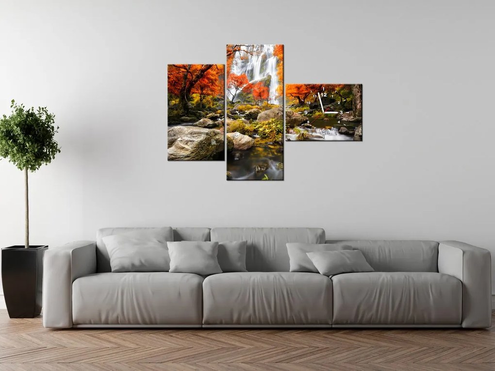 Gario Obraz s hodinami Jesenný vodopád - 3 dielny Rozmery: 80 x 40 cm