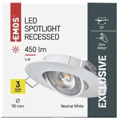 Emos ZD3122 LED SIMMI stropná vstavaná bodovka kruh priemer 90 × 25 mm 5W 450lm 4000K biela