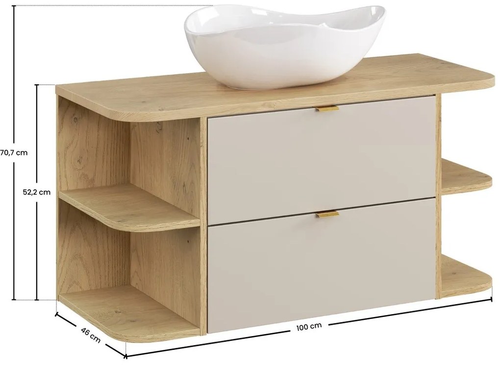 Závěsná skříňka Dalia Cashmere Ovalia s deskou a umyvadlem 100 cm kašmírová/dub cremona