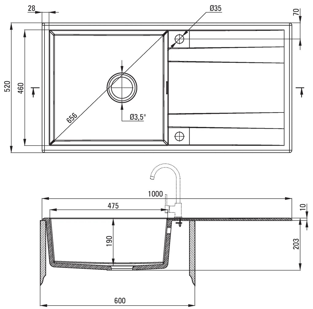 Deante Eridan, granitový drez na dosku 1000x520x203 mm Z/O, 3,5" + priestorovo úsporný sifón, 1-komorový, grafitová metalíza, ZQE_G713