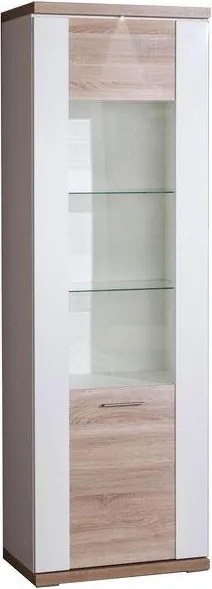 Vysoká vitrína Caracas typ 01, dub/biely lesk, s osvetlením